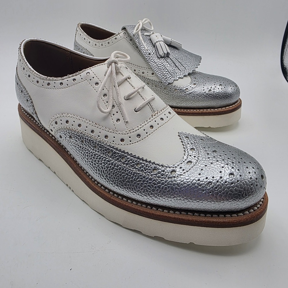 Grenson Emily Wingtip Brogues Womens 7 (UK 4.5) Silver White Platform Oxford